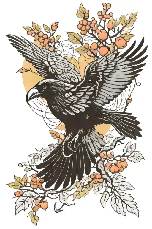raven flying over a rowan tree with space beneath its wings  tattoo design idea