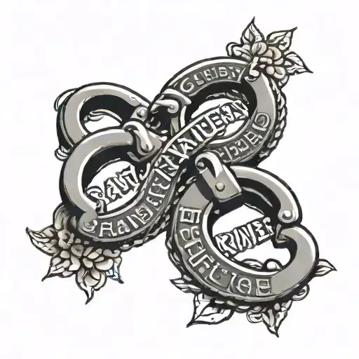 handcuffs with the words partners in crime with the names, Chase and Kadence on the handcuffs tattoo design idea