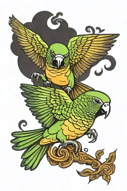 monk parakeet flying together tattoo design idea