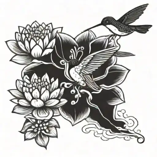 Hummingbird and Water Lily with Om Design: A hummingbird hovering over a water lily, creating a sense of delicacy and vi tattoo design idea