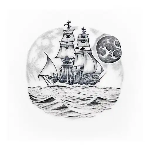 A pirate ship on the high seas under a full moon tattoo design idea