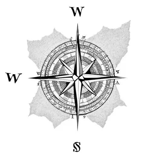 A compass rose with intricate details and a world map in the background tattoo design idea