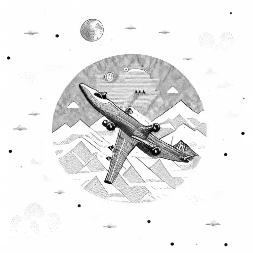 An airplane flying over a mountain range with a banner that says 'Wanderlust' tattoo design idea
