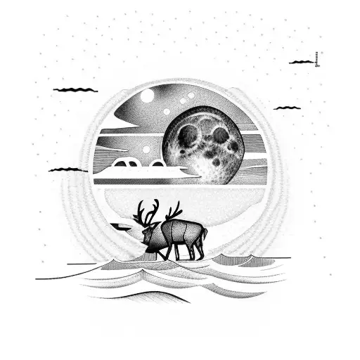 Two people in the sea with a full moon rising from the horizon, a caribou, and a symbol of the future and some chains  tattoo design idea