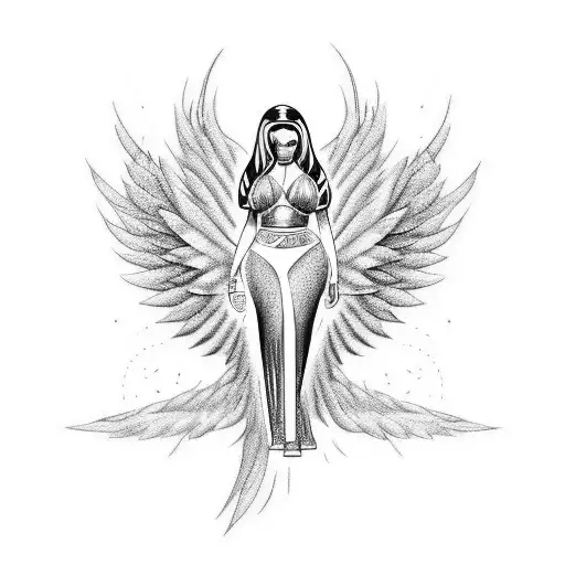 Create a tattoo design that incorporates Nicki Minaj's image with biblical angels. tattoo design idea