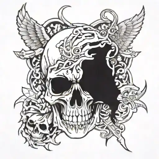 A skull with military insignia and demonic symbols intertwined, creating a gruesome and gritty design tattoo design idea