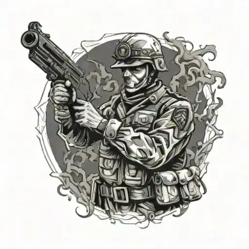 An eerie composition of a ghostly figure in military uniform holding a gun, surrounded by shadows tattoo design idea