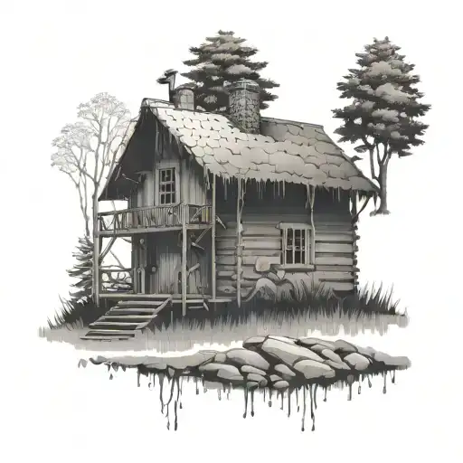 A dotwork tattoo of a creepy cabin in the woods, with a silhouette of an army soldier standing guard outside, blending horror and military themes tattoo design idea