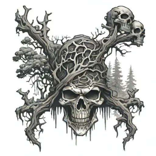 A black-grey tattoo of a haunted forest with army camouflage patterns intertwined with horror elements like skulls and death motifs tattoo design idea