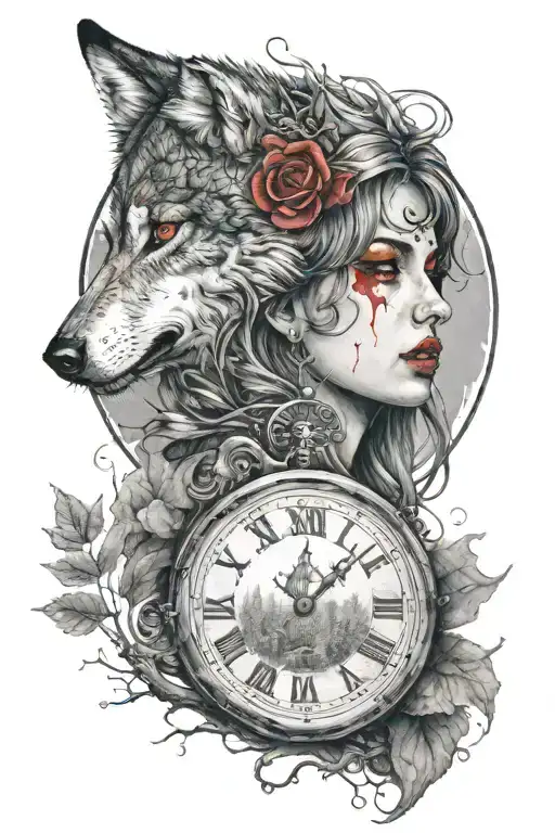 Analog clock shows time 6:15, warrior woman, angry wolf with red eyes, moon, forrest and fog  tattoo design idea
