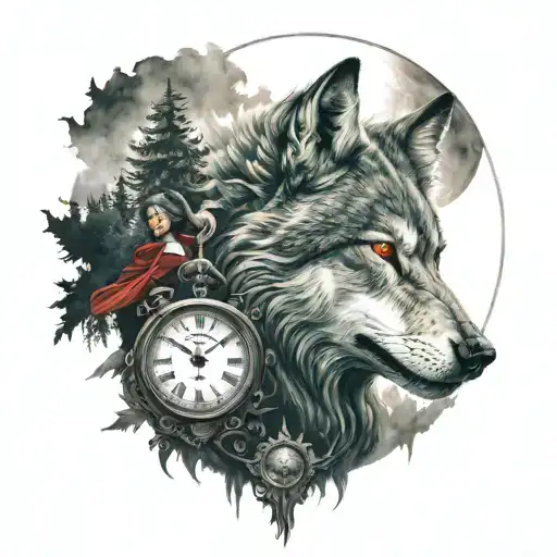 Analog clock  time 6:15, warrior woman, angry wolf with red eyes, moon, forrest and fog  tattoo design idea