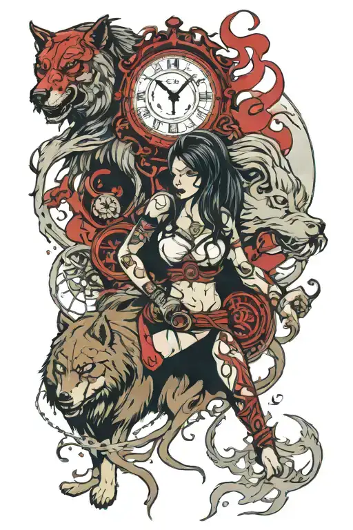 Analog clock shows time 6:15, warrior woman, angry wolf with red eyes, moon, forrest and fog  tattoo design idea