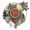 Analog clock shows time 6:15, warrior woman, angry wolf with red eyes, moon, forrest and fog  tattoo design idea