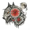 Analog clock shows time 6:15, warrior woman, angry wolf with red eyes, moon, forrest and fog  tattoo design idea