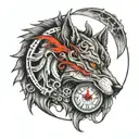 Analog clock shows time 6:15, warrior woman, angry wolf with red eyes, moon, forrest and fog  tattoo design idea