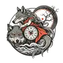 Analog clock shows time 6:15, warrior woman, angry wolf with red eyes, moon, forrest and fog  tattoo design idea