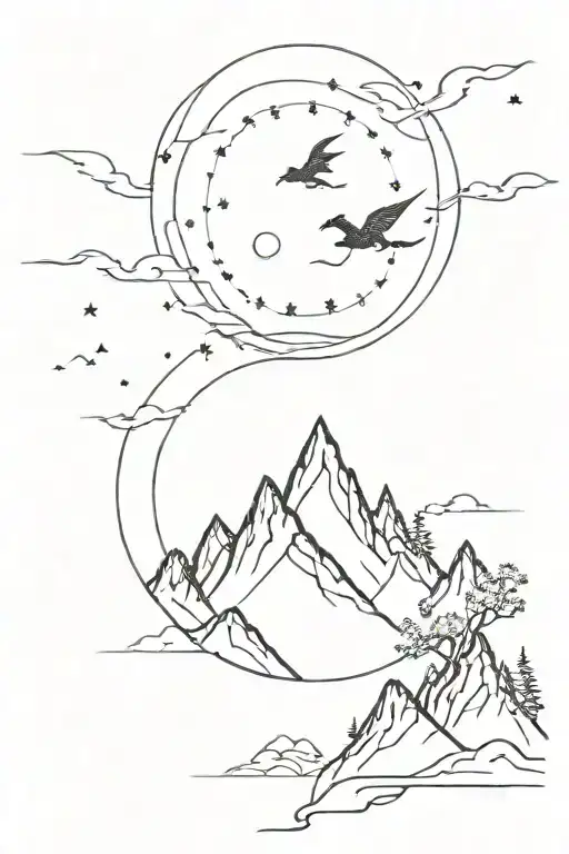 3 mountain peaks and small stars above each peak mountain and a small dragon flying above the mountains and vines tattoo design idea