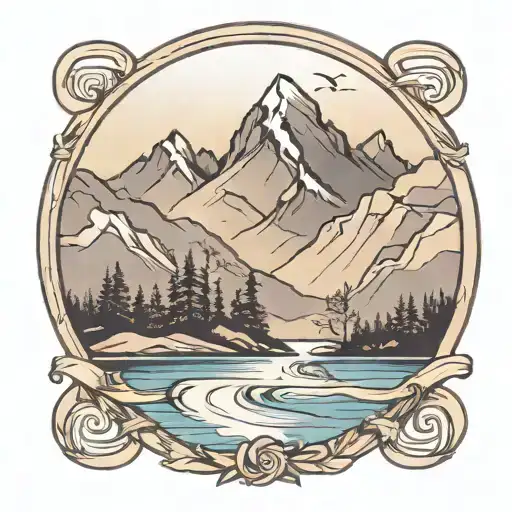 A serene mountain scene with a subtle ribbon weaving through the landscape, representing awareness and support for various types of cancer tattoo design idea