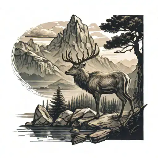 A mountain landscape with a deer standing majestically in the foreground, symbolizing strength and overcoming obstacles tattoo design idea