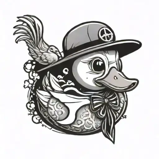 Rubber duck with web tattoo on the side of the head and an anarchy symbol on the side tattoo design idea