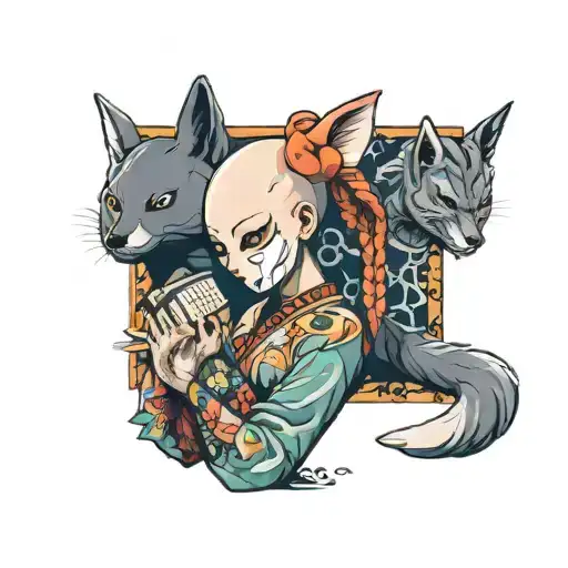 A neotraditional tattoo of a bald girl with a kitsune mask, holding a book and surrounded by manga panels tattoo design idea