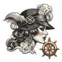An intricate design featuring a retro pin-up girl, a roaring 20s gangster, and a traditional anchor symbol, all surrounded by bold, colorful waves and clouds tattoo design idea