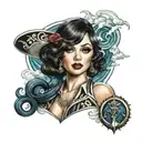 An intricate design featuring a retro pin-up girl, a roaring 20s gangster, and a traditional anchor symbol, all surrounded by bold, colorful waves and clouds tattoo design idea