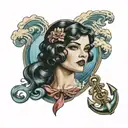 An intricate design featuring a retro pin-up girl, a roaring 20s gangster, and a traditional anchor symbol, all surrounded by bold, colorful waves and clouds tattoo design idea