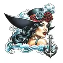 An intricate design featuring a retro pin-up girl, a roaring 20s gangster, and a traditional anchor symbol, all surrounded by bold, colorful waves and clouds tattoo design idea