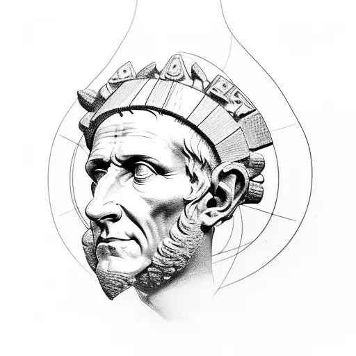 julius caesar bust with mountains and fine lines tattoo design idea