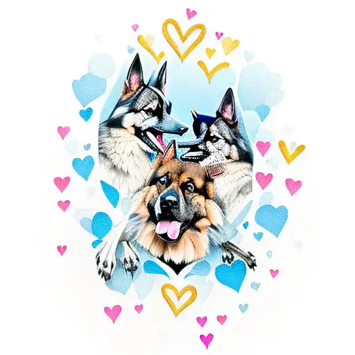 Blue jay and German shepherd holding hands with a heart in between tattoo design idea