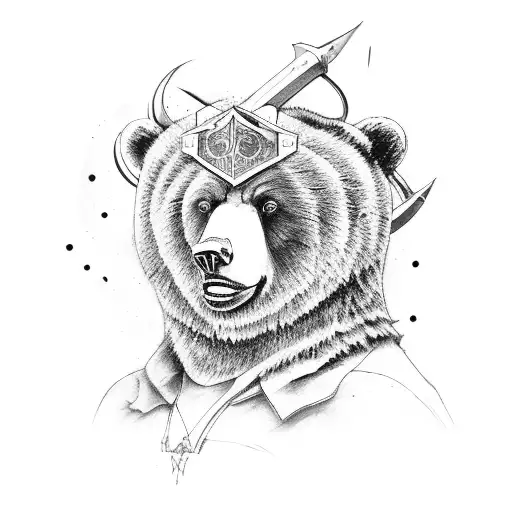 A fierce bear warrior in a fantasy setting, holding a S&W model 3 revolver tattoo design idea