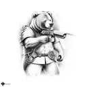 A fierce bear warrior in a fantasy setting, holding a S&W model 3 revolver tattoo design idea