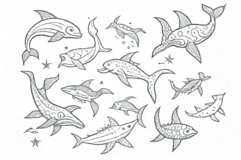 sea animals, ornamental, interstellar/ celestial, fine line tattoo design idea