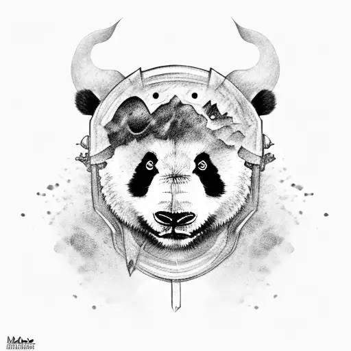 Warrior panda with oni mask  tattoo design idea