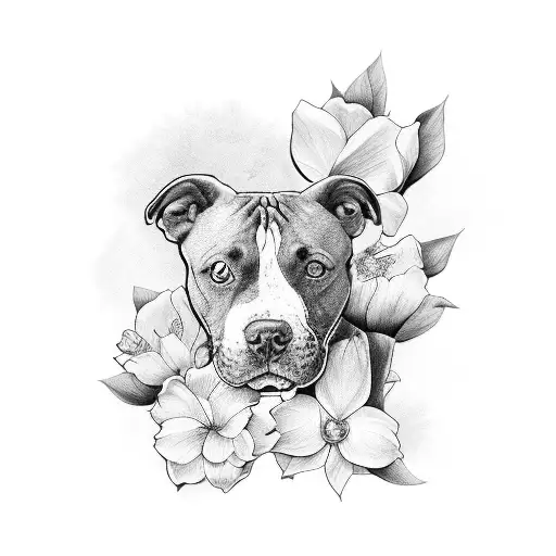 black and white flowers, family, pit bulls full sleave tattoo design idea