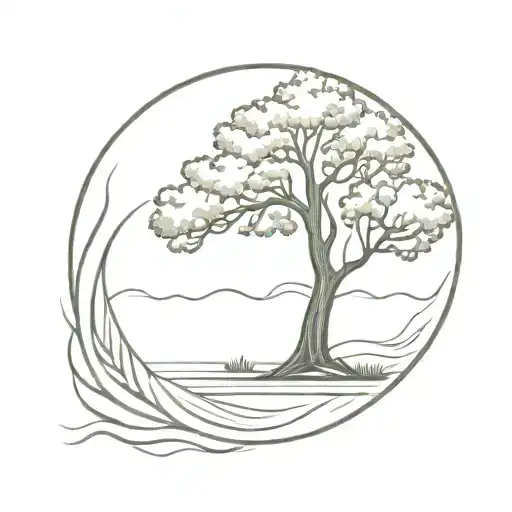 oak tree and river flowing tattoo design idea