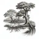 oak tree and river tattoo design idea
