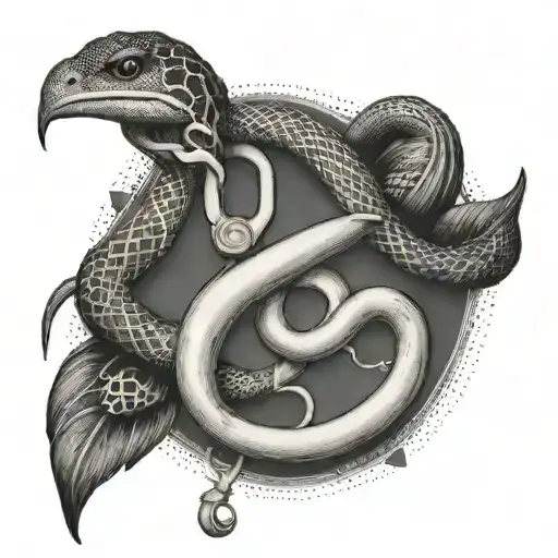 A dotwork tattoo of a stethoscope intertwined with a snake and a bird symbolizing healing and freedom tattoo design idea