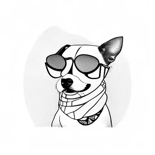 A blackwork tattoo of a dog wearing sunglasses and a bandana, capturing the playful nature of dogs tattoo design idea
