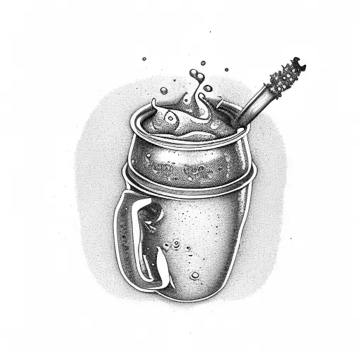A dotwork tattoo of a beer mug overflowing with foam and hops tattoo design idea