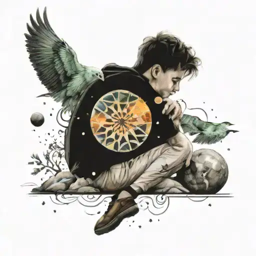 20 year old boy that is a loner with big dreams watching the universe tattoo design idea