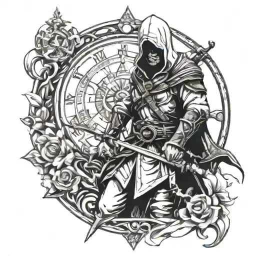 assasin creed and clock tattoo design idea