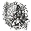 assasin creed and clock tattoo design idea
