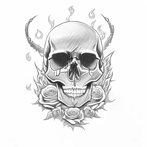 skull with flame eyes and roses  tattoo design idea