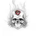 skull with flame eyes and roses  tattoo design idea