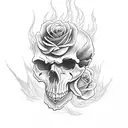 skull with flame eyes and roses  tattoo design idea