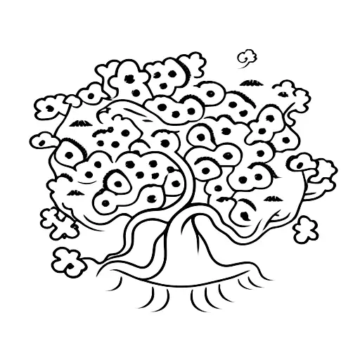 A minimalist tattoo of a Japanese cherry blossom tree with mushrooms growing at its roots, symbolizing the beauty of love and nature. tattoo design idea