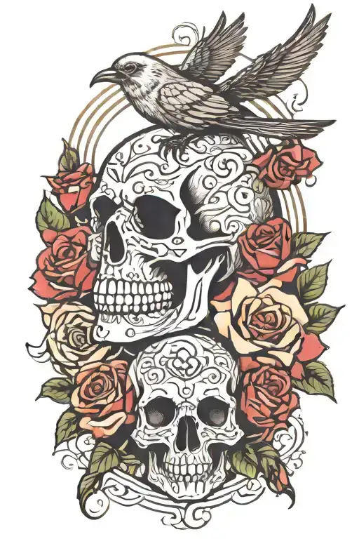 upper arm sleeve roses birds eyes and skull surrounded tattoo design idea
