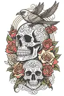 upper arm sleeve roses birds eyes and skull surrounded tattoo design idea